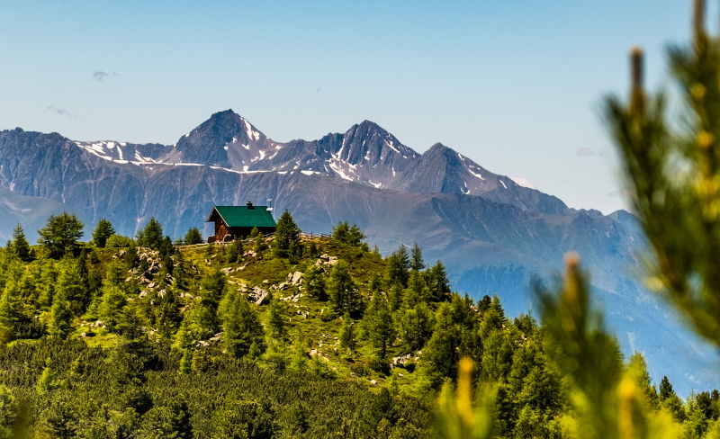 A hut on the Zirbenweg is picutred nestled on a ridge lined with forests. In the background are snow-capped alpine peaks