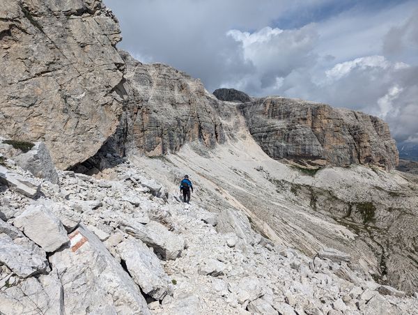 Traversing the south face of the Sella Massif in the Dolomites