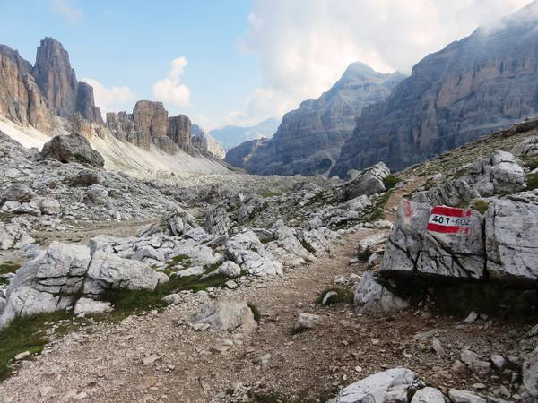 Dolomite formations on the initial descent from Rifugio Lagazuoi to Cortina