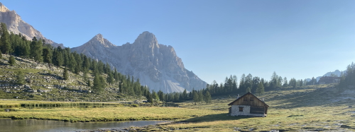 a high alpine meadow with small hut around Rifugio Fanes on the Alta Via 1