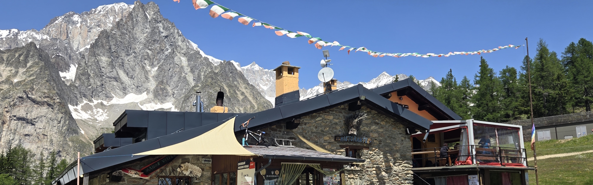 Italian flags at the Rifugio Maison Vieille on the Tour du Mont Blanc