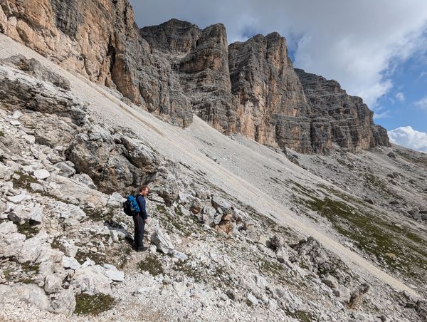 Traverse along scree on stage 4 of the Alta Via 9. This is the hardest section on our self-guided trip