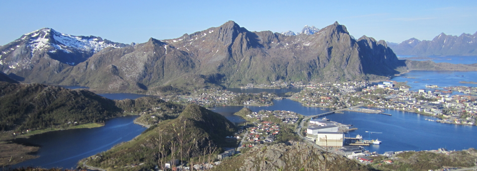 The town Svolvaer, centre of Lofoten, from Tjeldbergtind above